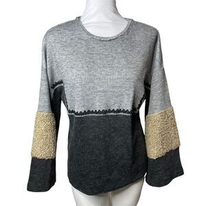 THML color block top faux sherpa sleeve black grey small
